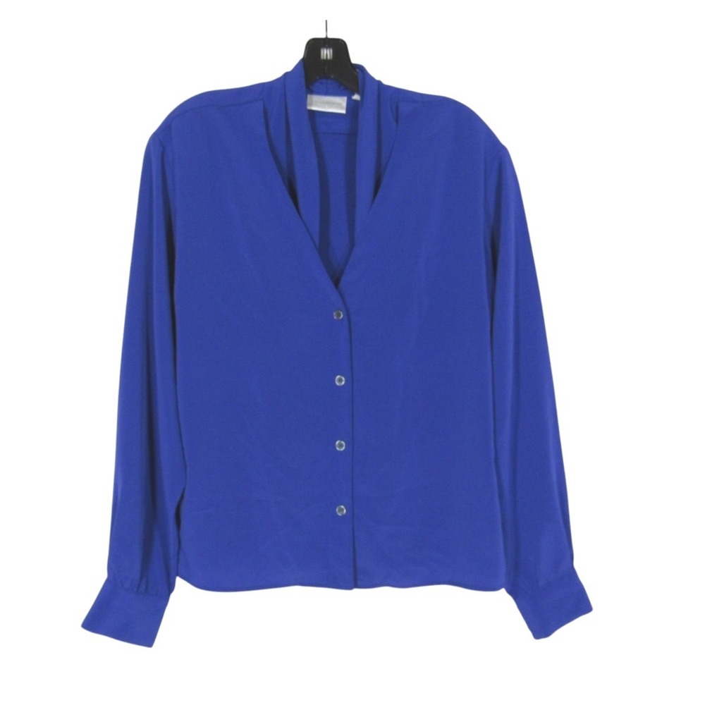 VTG LIZ CLAIBORNE COLLECTION Blue SATIN Button-Up LAYERED COLLAR Blouse/Top 14